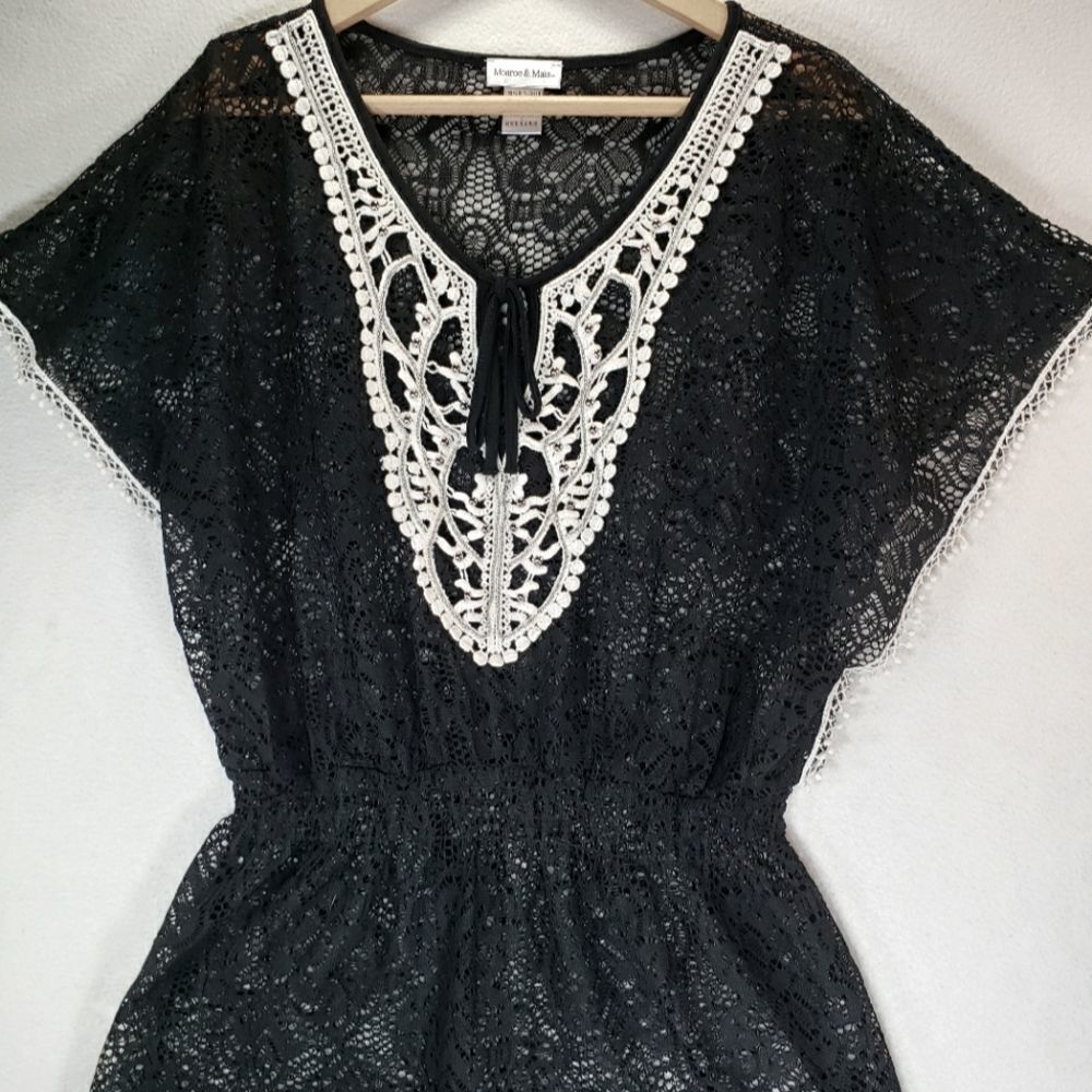 MONROE AND MAIN Lace Swim Cover Top Black Elastic Waist Women's Size Large